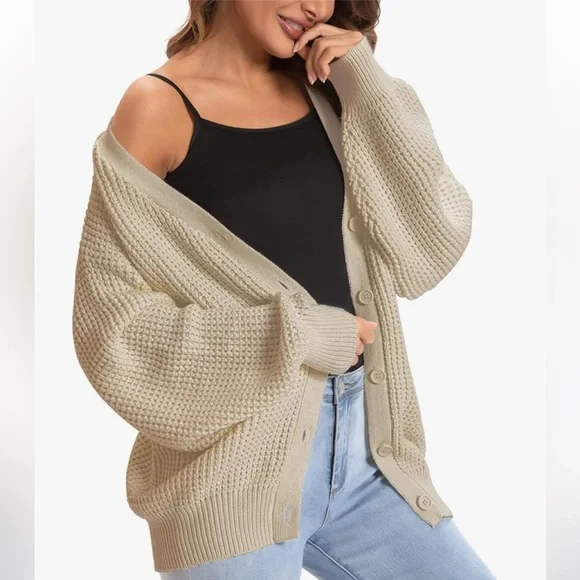 QUALFORT Cardigan Sweater 100% Cotton Button-Down Oversized Knit Cardigans - Picture 9 of 9